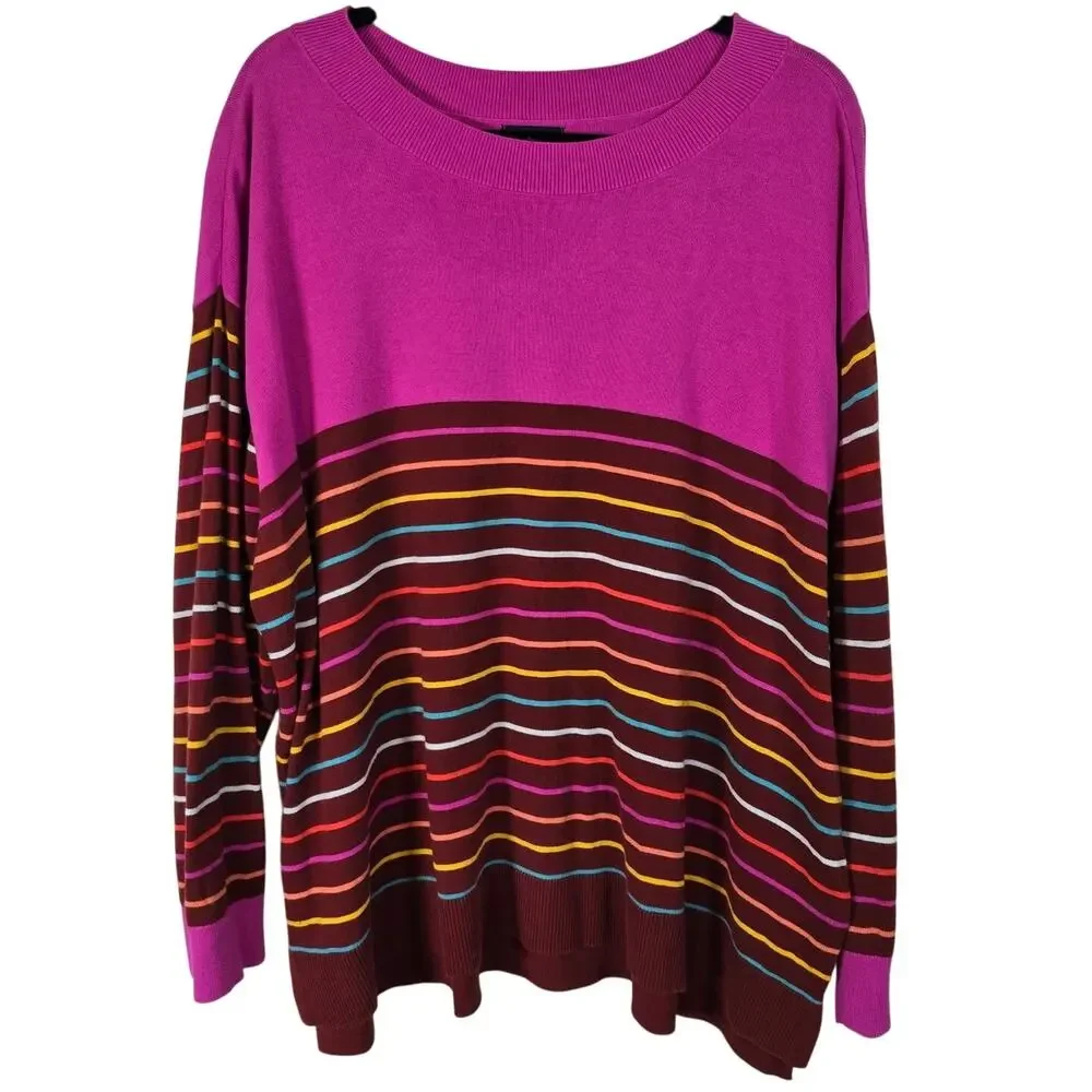 Lands End Sweater Women's 2X Pink Multi Stripe Long Sleeve Casual Coastal Work